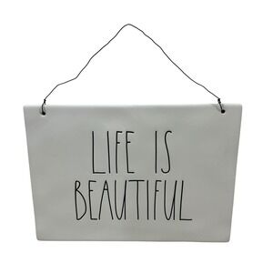 Rae Dunn Life is Beautiful Ceramic Hanging Wall Plaque Sign White Black 9x6.5